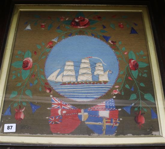 A Victorian sailors woolwork picture, circa 1855, 17 x 17ins